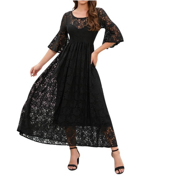 Guieoi Dress for Women under $10.00 Plus Size Women's Party Queue Elegant Velvet Lace Five Quarter Sleeved Round Neck Dress Black Black*Friday/Cyber*Monday