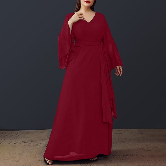 Guieoi Dress for Women under $10.00 Plus Size Women's Plus-size Elegant Long Sleeve V-Neck Chiffon Dress Red Black*Friday/Cyber*Monday