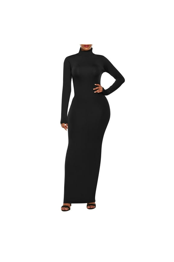 Dress for Women under $10.00 Plus Size Women's Solid Color Sexy Round Neck Tight Fit Hip Hugging Dress Long Sleeve Round Neck Ankle Dress Black Black*Friday/Cyber*Monday