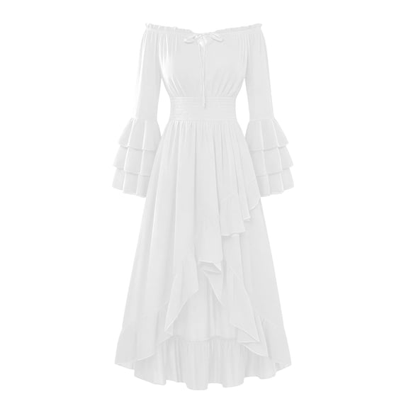 Guieoi Dresses for Women 2026 Fall Waist-Cinched Ruffled Long-Sleeve Maxi Dress with Full Dress White XXL