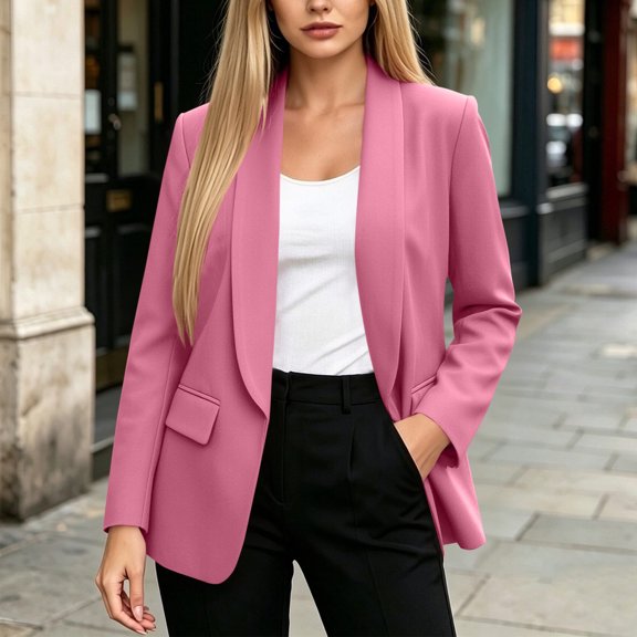 Guieoi Fall Blazer for Women Long Sleeve Notched-Collar Open-Front Top Business Casual Office Jacket with Decorative Pockets Pink XXL