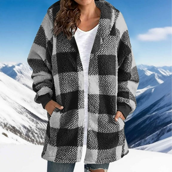 Guieoi Fall Coats Plus Size Women Winter Plaid Jackets Loose Long Length Warm Hooded Side Pocket Zipper Jacket Coats Black Black*Friday/Cyber*Monday Clearance