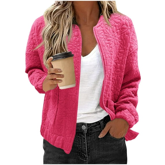 Guieoi Fall Coats Plus Size Women's Fall Lightweight Jackets Trendy Solid Color Long Sleeves Casual Zipper Tops Pink Black*Friday/Cyber*Monday Clearance