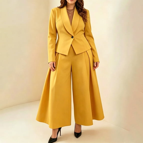 Guieoi Fall Outfits for Women Blazer and Wide-Leg Pants Set Two Piece Matching Set Yellow M