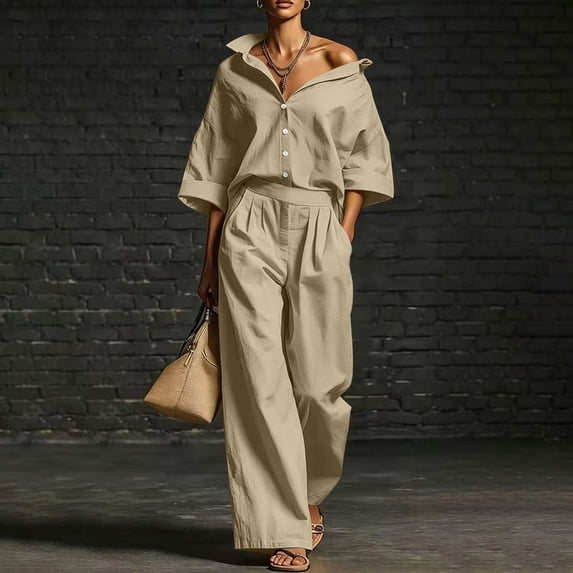 Guieoi Fall Outfits for Women Casual 2-Piece Set Oversized Button Shirt and High-Waisted Pleated Wide-Leg Pants Matching Activewear Set Brown XL