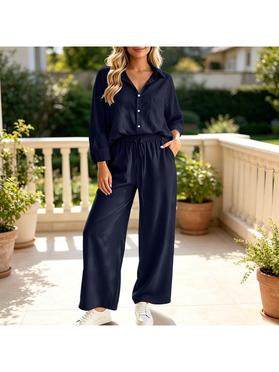 Fall Outfits for Women Soft Two-Piece Set Plus-Size Shirt Set with High-Waisted Loose-Fit Pants Blue XXL
