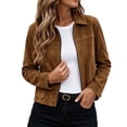 thumbnail image 1 of Guieoi Faux Suede Jacket for Women Long Sleeve Collared Zippered Retro Casual Short Fall Tops with Lined Khaki S, 1 of 8