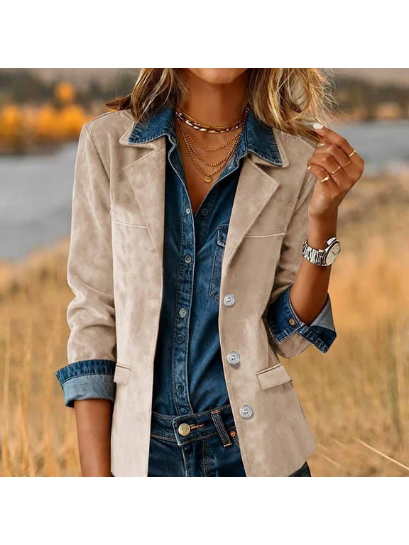 Faux Suede Jacket for Women Long Sleeve Loose-Fit Fall/Winter Western-Style Biker Fall Tops Beige XXL