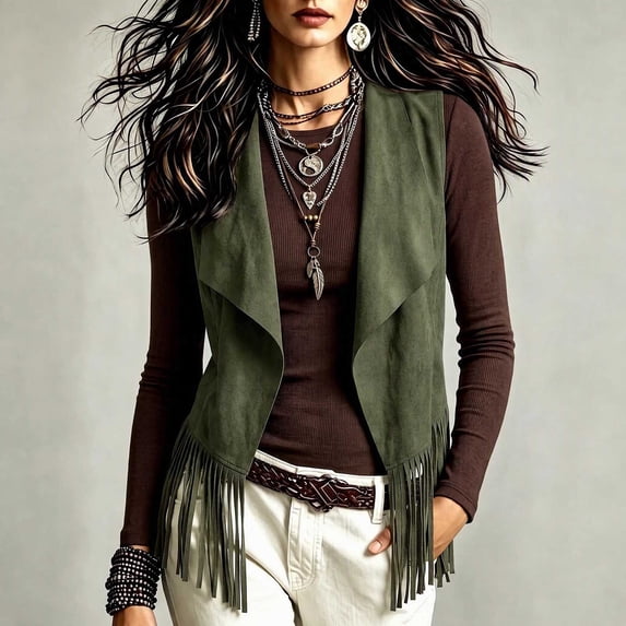 Guieoi Fringe Vest for Women Faux Suede Sleeveless Tassel Top Outerwear Casual Layering Dressy Tank Army Green M