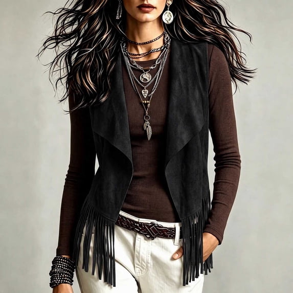 Guieoi Fringe Vest for Women Faux Suede Sleeveless Tassel Top Outerwear Casual Layering Dressy Tank Black L