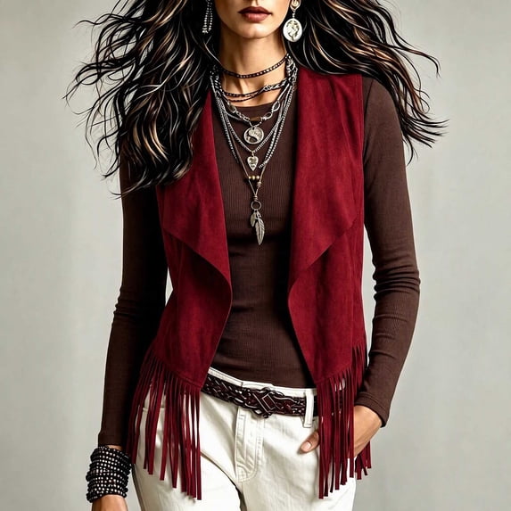 Guieoi Fringe Vest for Women Faux Suede Sleeveless Tassel Top Outerwear Casual Layering Dressy Tank Red M