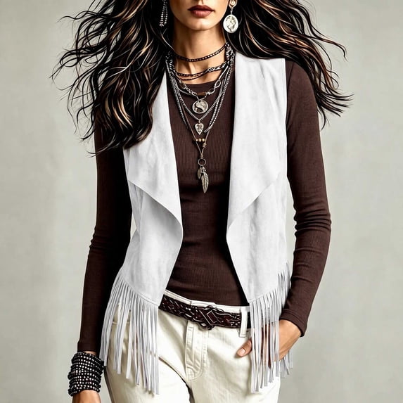 Guieoi Fringe Vest for Women Faux Suede Sleeveless Tassel Top Outerwear Casual Layering Dressy Tank White XL