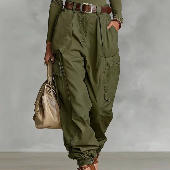 Guieoi High-Waisted Workwear Pants Loose-Fit Wide-Leg Pants Non-Stretch Regular Thickness (No Belt) Green M