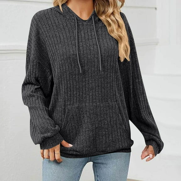 Guieoi Hoodies for Women $1.00 Women Casual Loose Solid Color Hooded Pocket Drawstring Long Sleeves Hoodie Gray Black*Friday/Cyber*Monday