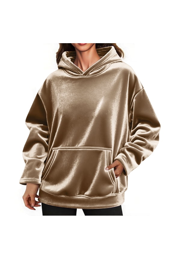 Hoodies for Women $1.00 Womens Oversized Velvet Sweatshirts Long Sleeve Pullover Fall Outfits with Pocket Beige Black*Friday/Cyber*Monday