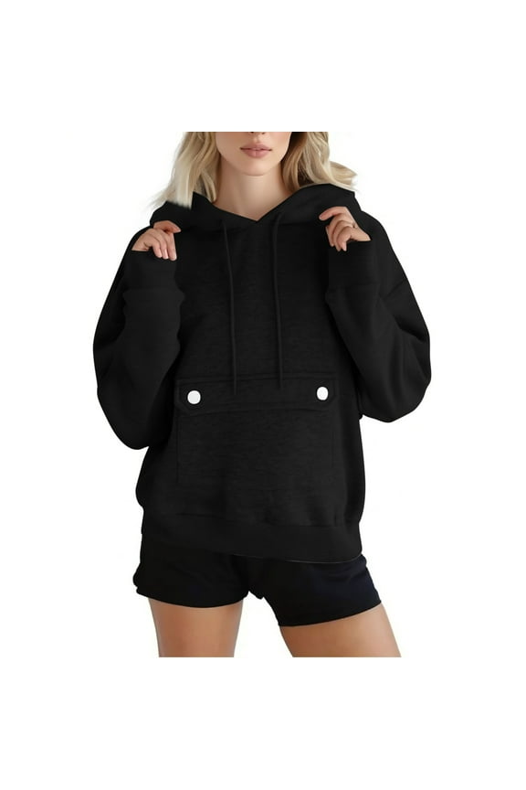 Hoodies for Women Plus Size Women Fall Winter Solid Color V-Neck Button Crop Workout Long Sleeve Sexy Hoodied Tops Pullover Blouse Black Black*Friday/Cyber*Monday