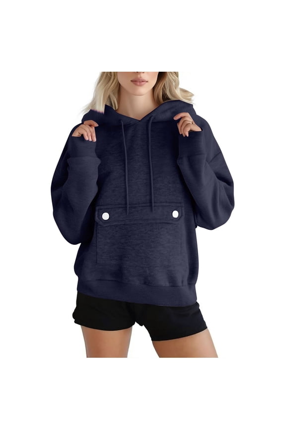 Hoodies for Women Plus Size Women Fall Winter Solid Color V-Neck Button Crop Workout Long Sleeve Sexy Hoodied Tops Pullover Blouse Blue Black*Friday/Cyber*Monday