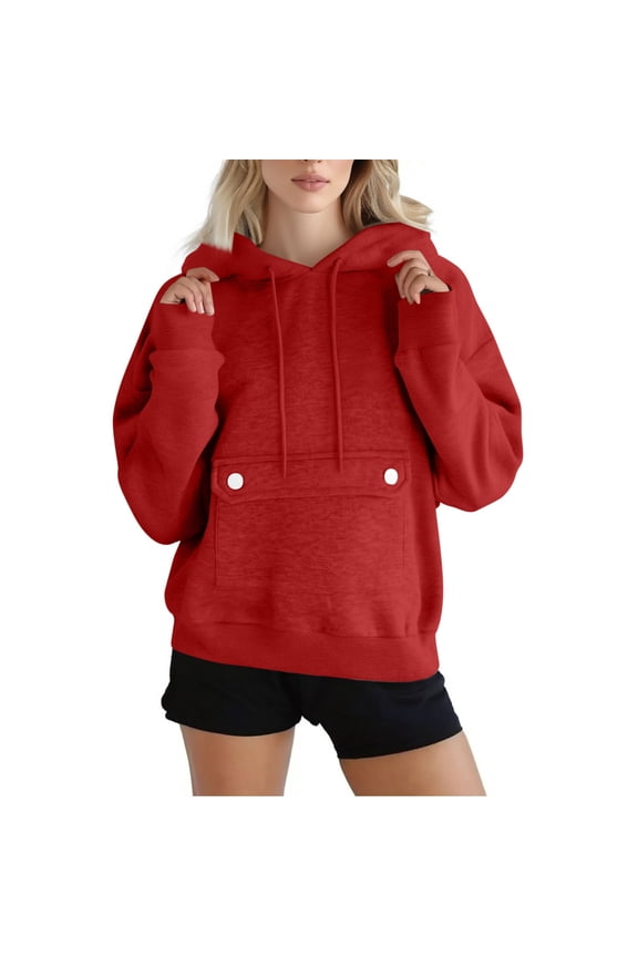 Hoodies for Women Plus Size Women Fall Winter Solid Color V-Neck Button Crop Workout Long Sleeve Sexy Hoodied Tops Pullover Blouse Red Black*Friday/Cyber*Monday