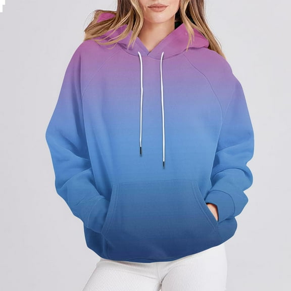 Guieoi Hoodies for Women Plus Size Women's Printed T-shirt Long Sleeves Drawstring Blouse Round Neck Casual Tops Hooded Sweatshirts Blue Black*Friday/Cyber*Monday