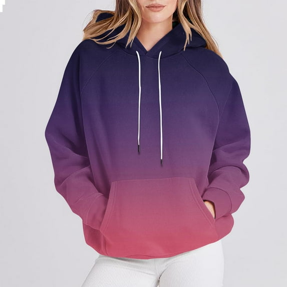 Guieoi Hoodies for Women Plus Size Women's Printed T-shirt Long Sleeves Drawstring Blouse Round Neck Casual Tops Hooded Sweatshirts Purple Black*Friday/Cyber*Monday