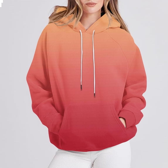 Guieoi Hoodies for Women Plus Size Women's Printed T-shirt Long Sleeves Drawstring Blouse Round Neck Casual Tops Hooded Sweatshirts Red