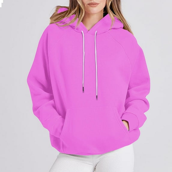 Guieoi Hoodies for Women Plus Size Women's Solid T-shirt Long Sleeves Drawstring Blouse Round Neck Casual Tops Hooded Sweatshirts Pink