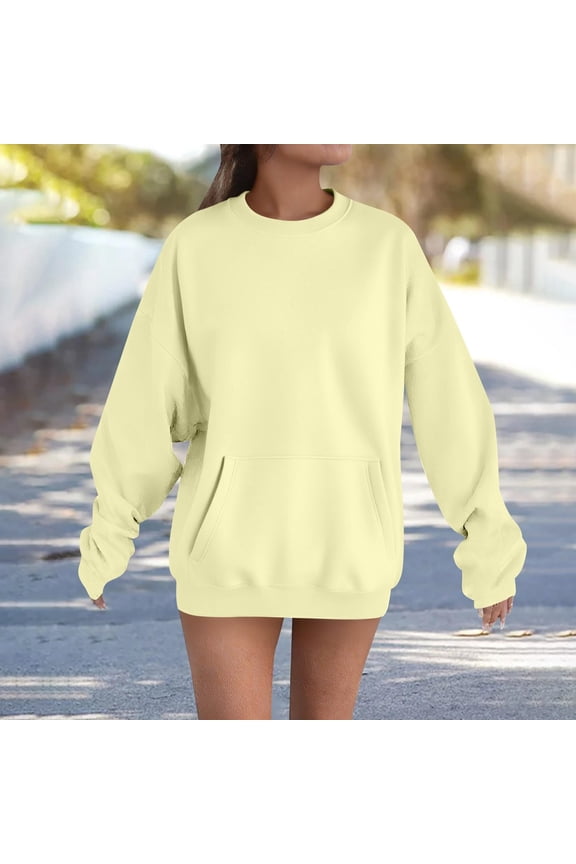 Hoodies for Women Plus Size Women's Solid T-shirt Long Sleeves Pockets Blouse Round Neck Casual Tops Hoodless Sweatshirts Beige Black*Friday/Cyber*Monday