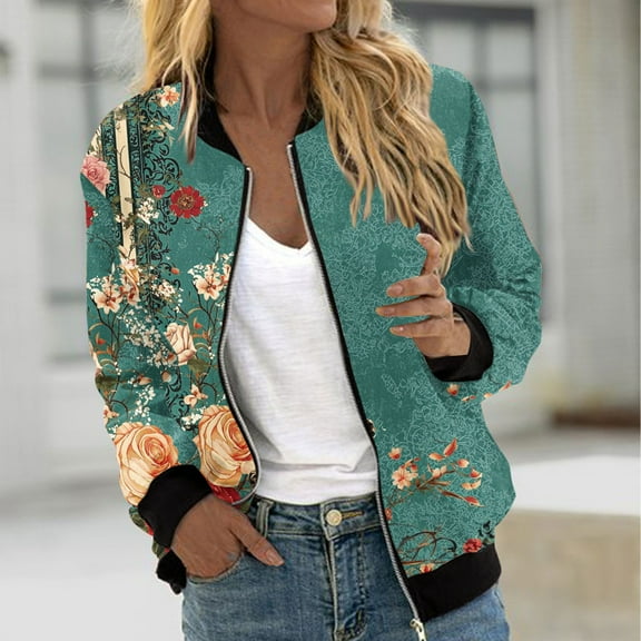 Guieoi Jackets for Women Clearance under $10.00 Women's Casual Fashion Printed Pocket Zippered Coat Loose Long Sleeves Top Green Black*Friday/Cyber*Monday Clearance