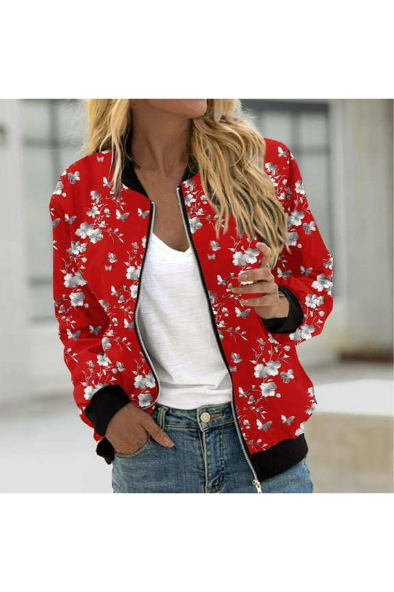 Jackets for Women Clearance under $10.00 Women's Casual Fashion Printed Pocket Zippered Coat Loose Long Sleeves Top Red Black*Friday/Cyber*Monday Clearance