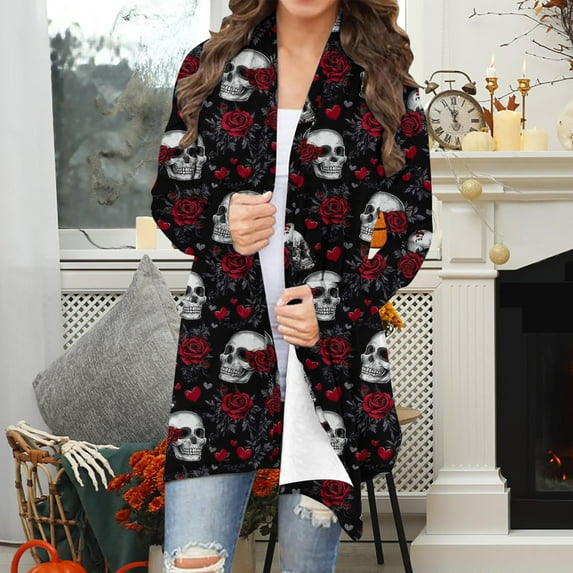 Guieoi Jackets for Women under $10.00 Women's Long Sleeve Fashion Casual Halloween Printed Blouse Coat Multicolor Black*Friday/Cyber*Monday