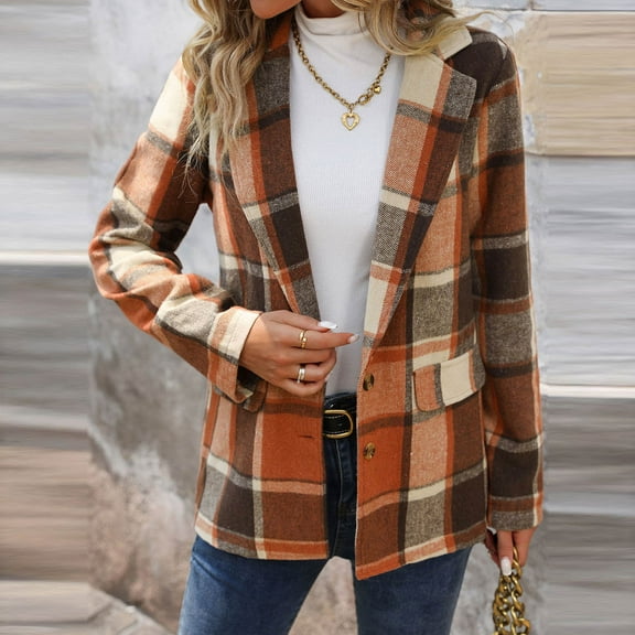 Guieoi Jackets for Women Clearance under $10.00 Women's Long Sleeved Blouses Hoodedless Turndown Collar Button Casual Outwear Brown Black*Friday/Cyber*Monday Clearance