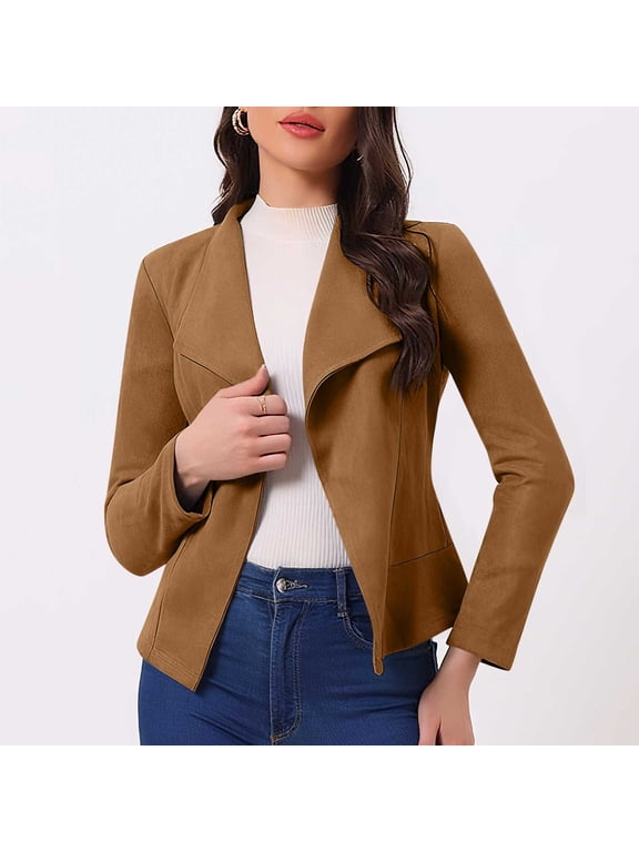 Jackets for Women Clearance under $10.00 Women's Solid Color Fashionable Casual Suede Comfortable Fabric Lapel Long Sleeved Short Top Jacket Brown Black*Friday/Cyber*Monday Clearance