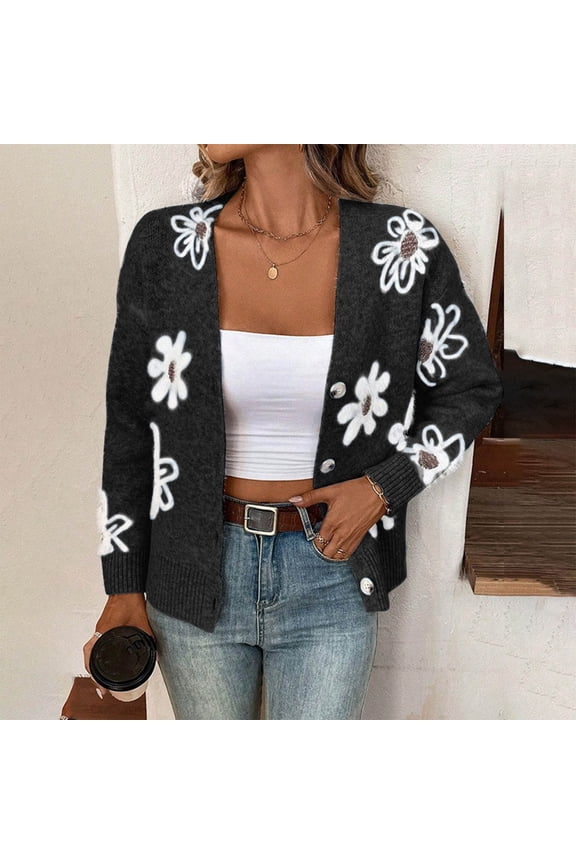 Jackets for Women Clearance under $10.00 Women's Winter Loose Casual Floral Pattern Button Knit Long Sleeve Knit Cardigan Jacket Black Black*Friday/Cyber*Monday Clearance