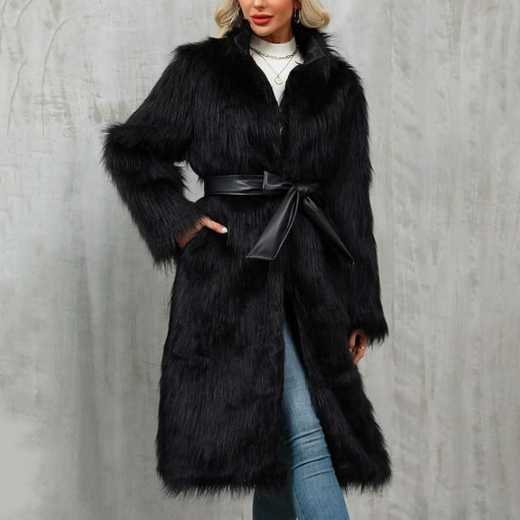 Guieoi Jackets for Women Clearance under $10.00 Womens Ladies Warm Faux Furry Long Coat Jacket Winter Solid V-neck Outerwear Black Black*Friday/Cyber*Monday Clearance
