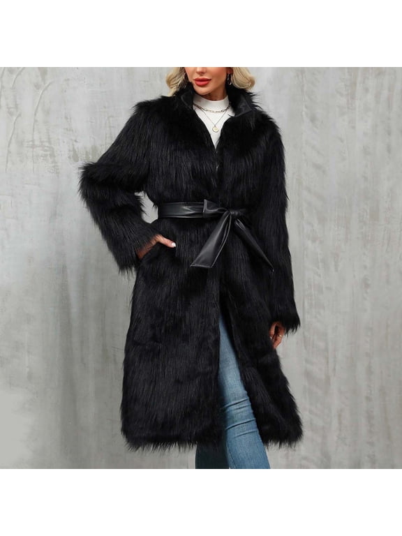 Jackets for Women Clearance under $10.00 Womens Ladies Warm Faux Furry Long Coat Jacket Winter Solid V-neck Outerwear Black Black*Friday/Cyber*Monday Clearance