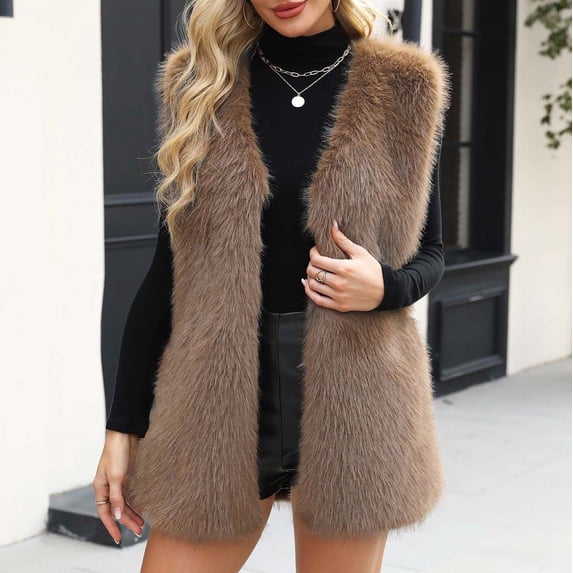 Guieoi Jackets for Women Clearance under $10.00 Womens Ladies Warm Faux Furry Long Coat Jacket Winter Solid V-neck Outerwear Brown Black*Friday/Cyber*Monday Clearance