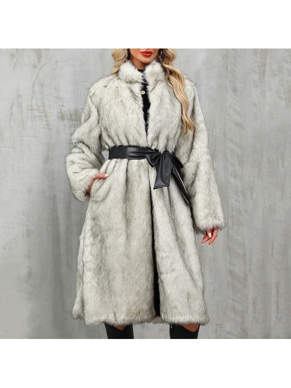 Jackets for Women Clearance under $10.00 Womens Ladies Warm Faux Furry Long Coat Jacket Winter Solid V-neck Outerwear Gray Black*Friday/Cyber*Monday Clearance