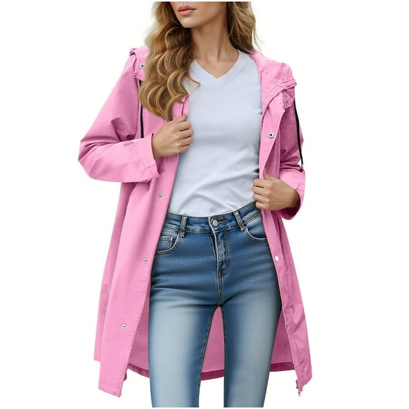 Guieoi Jackets for Women Winter Long Length Women's Long Sleeve Hooded Waterproof Windproof Button Pocket Daily Jacket Pink Black*Friday/Cyber*Monday Clearance