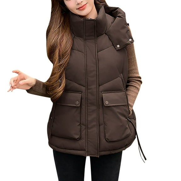 Guieoi Jackets for Women Clearance under $10.00 Ladies' Casual Color Sleeveless Hooded Jacket Brown Black*Friday/Cyber*Monday Clearance