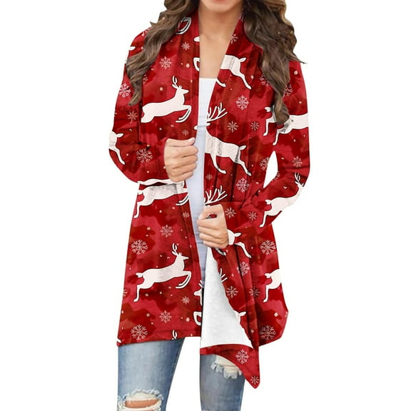 Guieoi Jackets for Women Clearance under $10.00 Ladies' Casual Long-sleeved Christmas-print Cardigan Top Red Black*Friday/Cyber*Monday Clearance