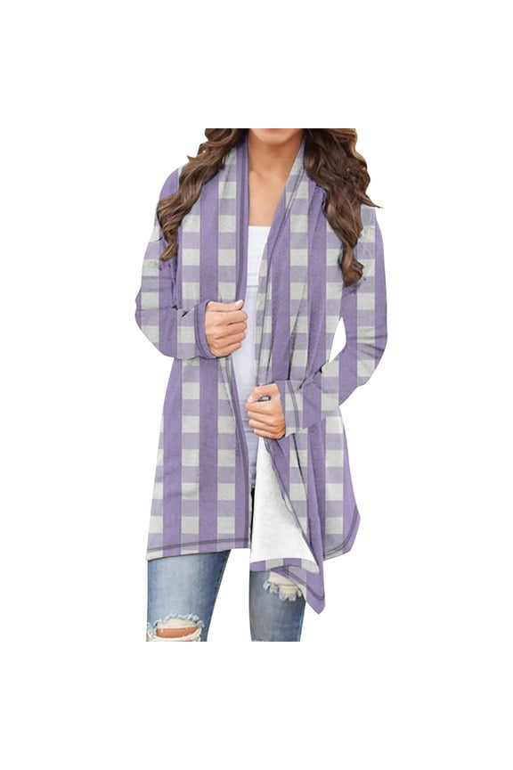 Jackets for Women Clearance under $10.00 Women's Casual Long-sleeved Plaid Printed Cardigan Jacket Purple Black*Friday/Cyber*Monday Clearance