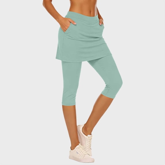 Guieoi Leggings for Women High Rise Summer Tummy Control Two-Piece Style with Skirt Sports Side-Pocket Yoga Pilates 3/4-Length Slim Fit Capri Green L