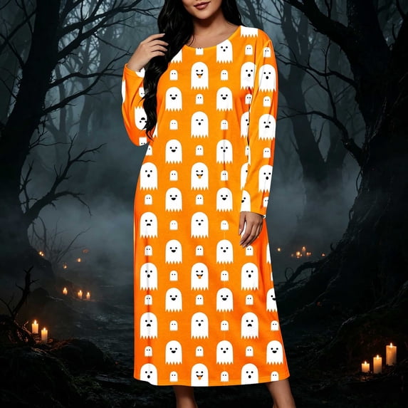 Guieoi Long Nightdress for Women Printed Casual Long-Sleeve Loose-Fit Maxi Nightgown Sleep Dress Orange L