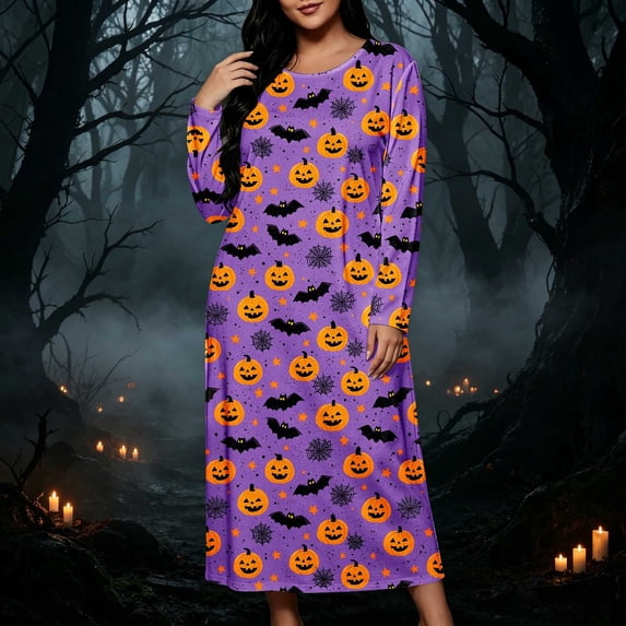 Guieoi Long Nightdress for Women Printed Casual Long-Sleeve Loose-Fit Maxi Nightgown Sleep Dress Purple M