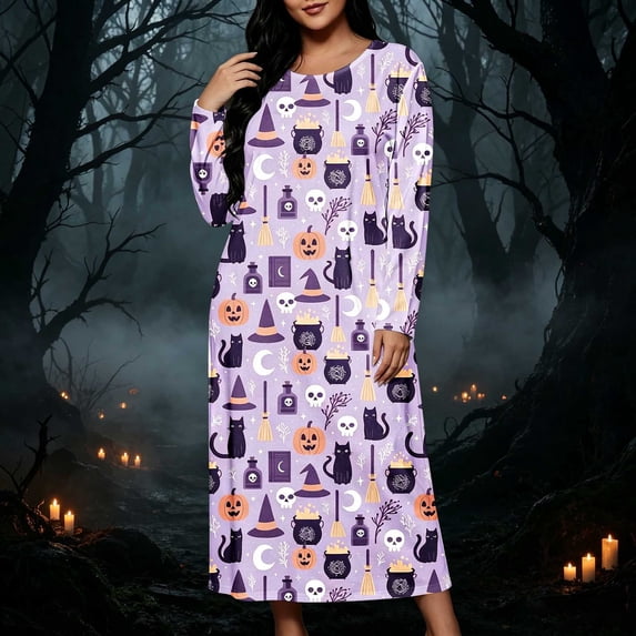 Guieoi Long Nightdress for Women Printed Casual Long-Sleeve Loose-Fit Maxi Nightgown Sleep Dress Purple XL