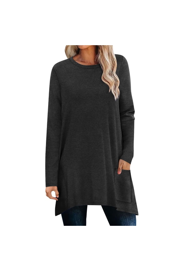 Long Winter Blouse,Solid Color Soft Long Sleeve Shirts,Round Neck Blouse, Loose Casual Clothes undershirts for Women with Pockets Black Black*Friday/Cyber*Monday
