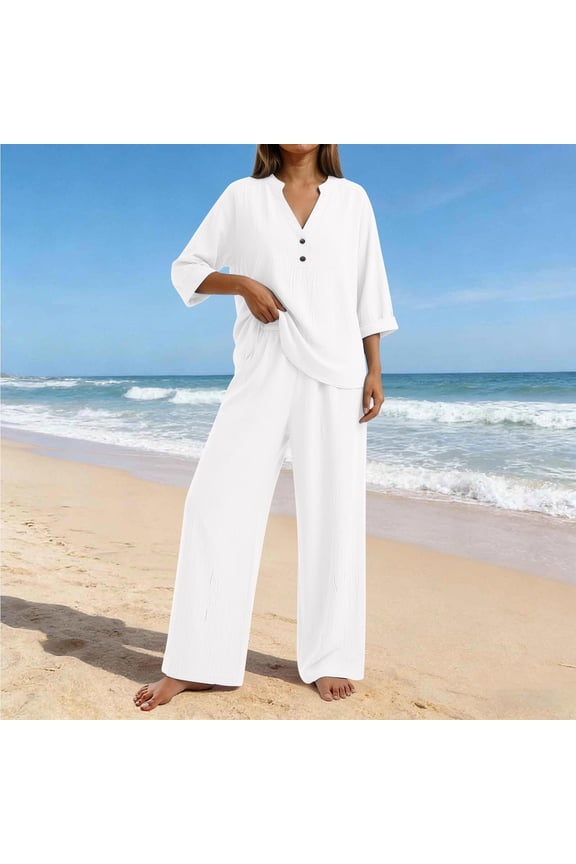 Matching Outfits for Women Linen Two-Piece Set Summer V-neck Button-down Top and Wide-leg Pants Casual Commuter Loose-fit Vacation & Loungewear White XXL