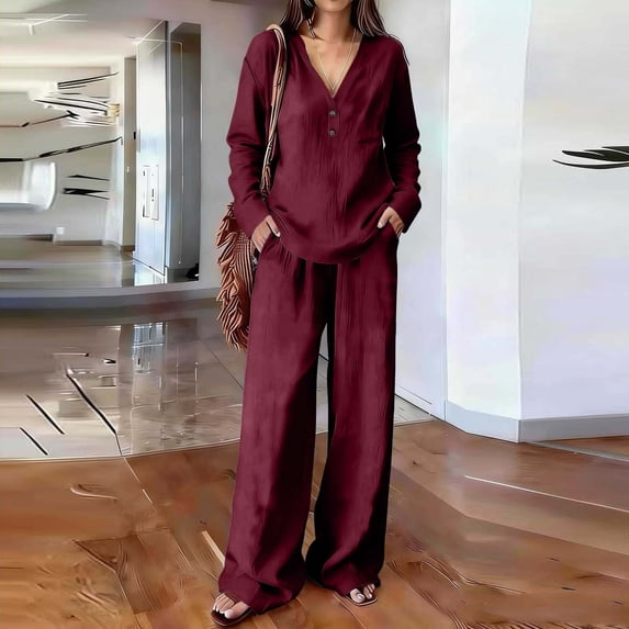 Guieoi Matching Outfits for Women Solid-Color Cotton-Linen Wide-leg Pants Set V-neck Button-down Long-sleeve Loose-fit Top + High-waisted Pants Two-Piece Set Red M