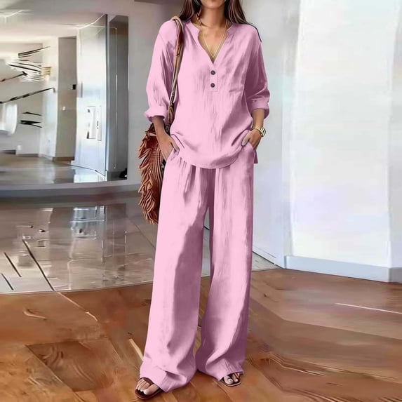 Guieoi Matching Outfits for Women Solid-Color Cotton-Linen Wide-leg Pants Set V-neck Button-down Long-sleeve Loose-fit Top + High-waisted Pants Two-Piece Set Pink XXL