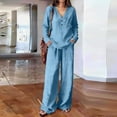 thumbnail image 1 of Guieoi Matching Outfits for Women Solid-Color Cotton-Linen Wide-leg Pants Set V-neck Button-down Long-sleeve Loose-fit Top + High-waisted Pants Two-Piece Set Blue M, 1 of 9